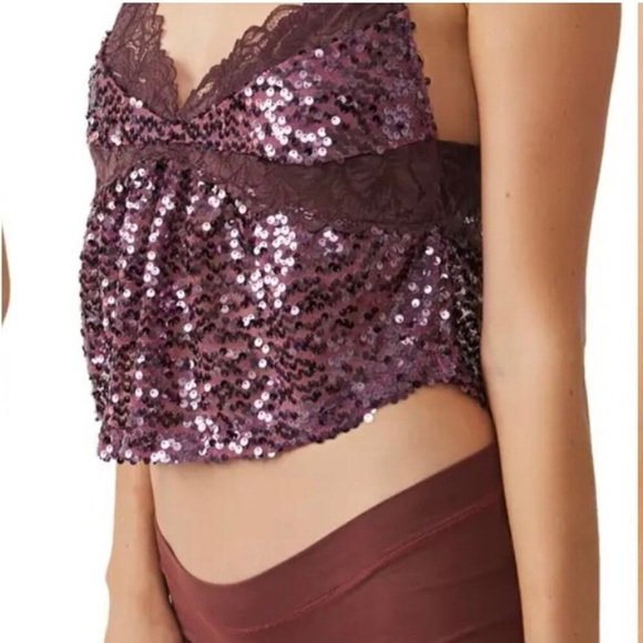 Free People burgundy right rhythm sequin mesh crop top - Picture 4 of 12